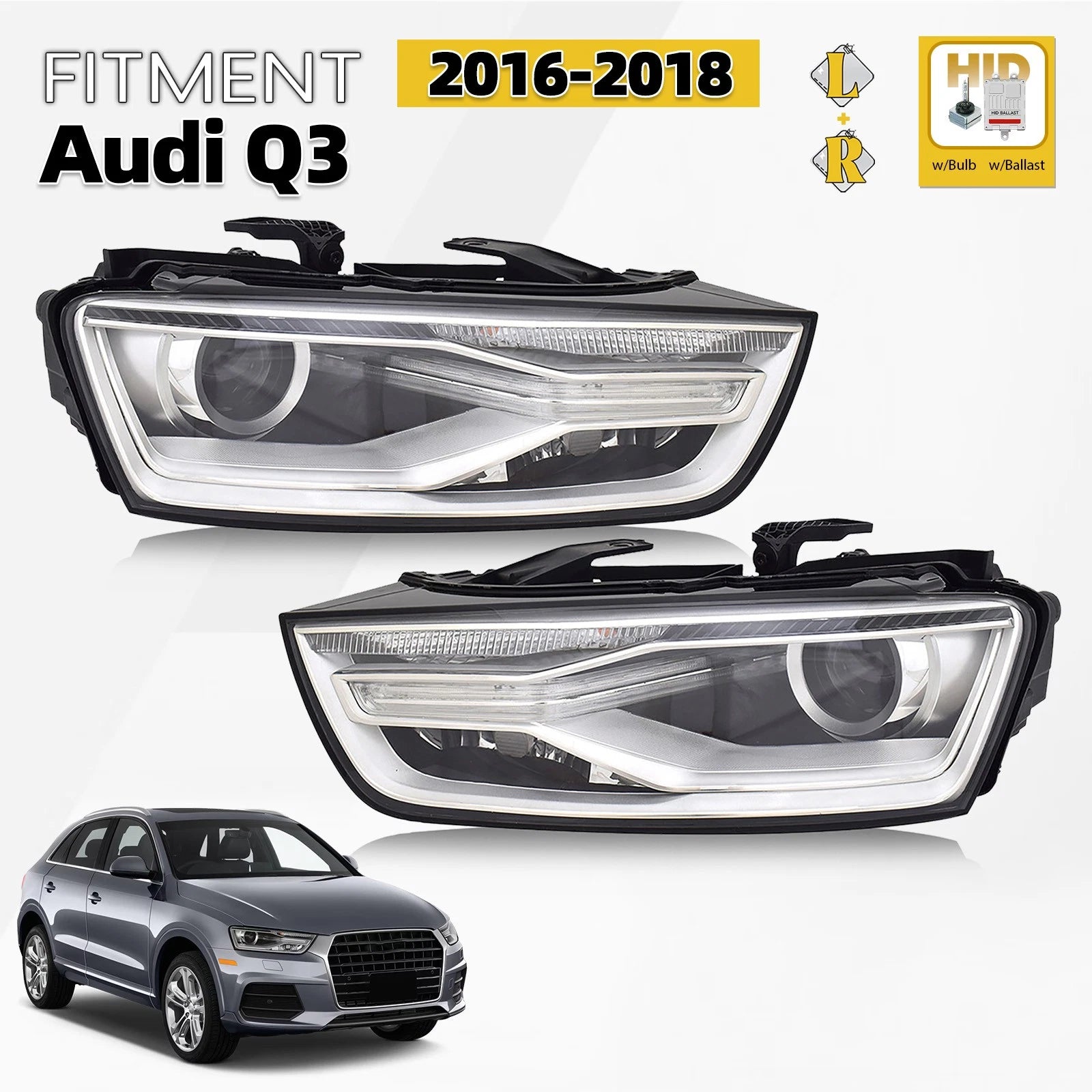 For 2016-2018 Audi Q3 HID/Xenon Headlight w/ Bulb and Ballast Left+Right Pair